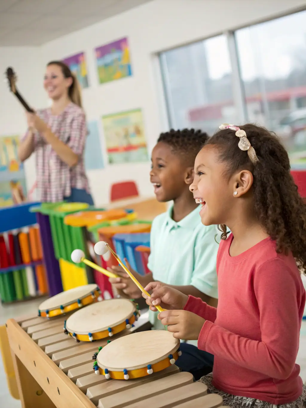 A heartwarming photo of children participating in a HEP EH PEP music education program, showcasing their enthusiasm and engagement with musical instruments.