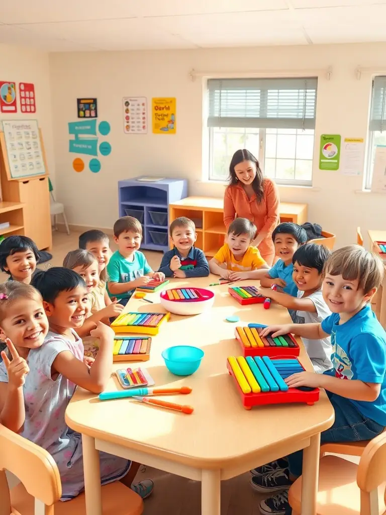 An image of children participating in a HEP EH PEP musical animation workshop, learning about music and instruments in a fun, interactive setting.