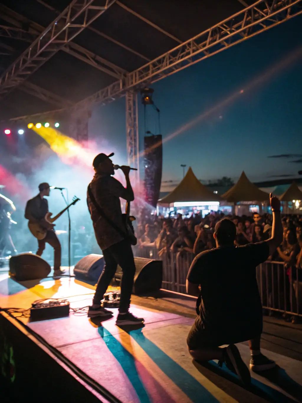 A vibrant photograph capturing the energy of a live musical performance at the 'Spring Community Concert 2022' in Sainte-Marie-de-Ré, showcasing musicians on stage and an engaged audience enjoying the event.