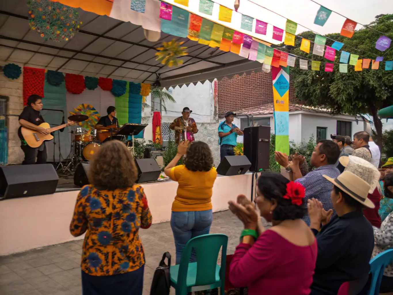 A vibrant image capturing a diverse group of people joyfully participating in a HEP EH PEP musical event, showcasing community engagement and cultural exchange.