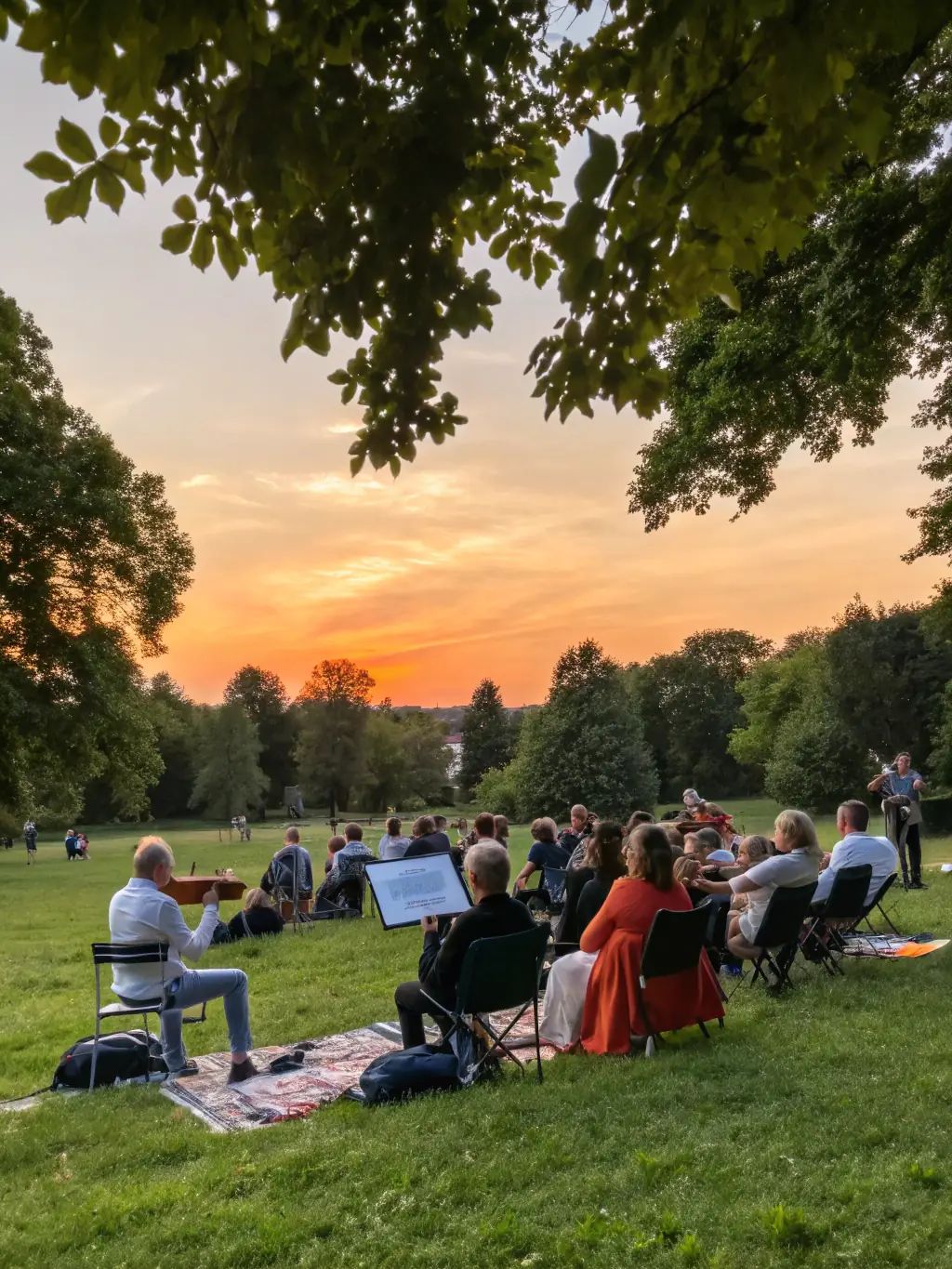 A serene photograph of a summer evening concert in a public park, part of the 'Summer Music Series 2020', with families and individuals relaxing and enjoying the music.