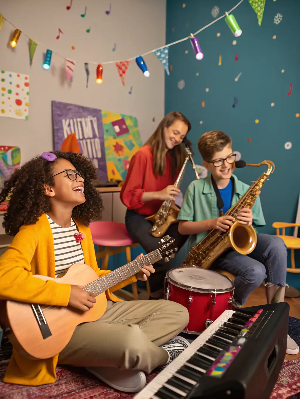 A vibrant photo capturing a community music workshop led by HEP EH PEP, showing diverse participants actively engaged in learning and playing musical instruments.