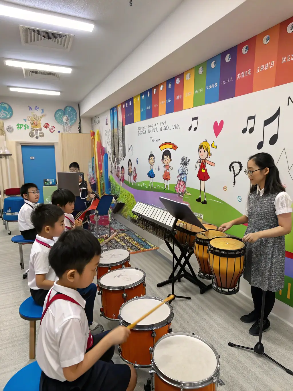 A dynamic image depicting a diverse group of participants engaged in a music workshop during the 'Music & Culture Festival 2021', highlighting hands-on learning and cultural exchange.