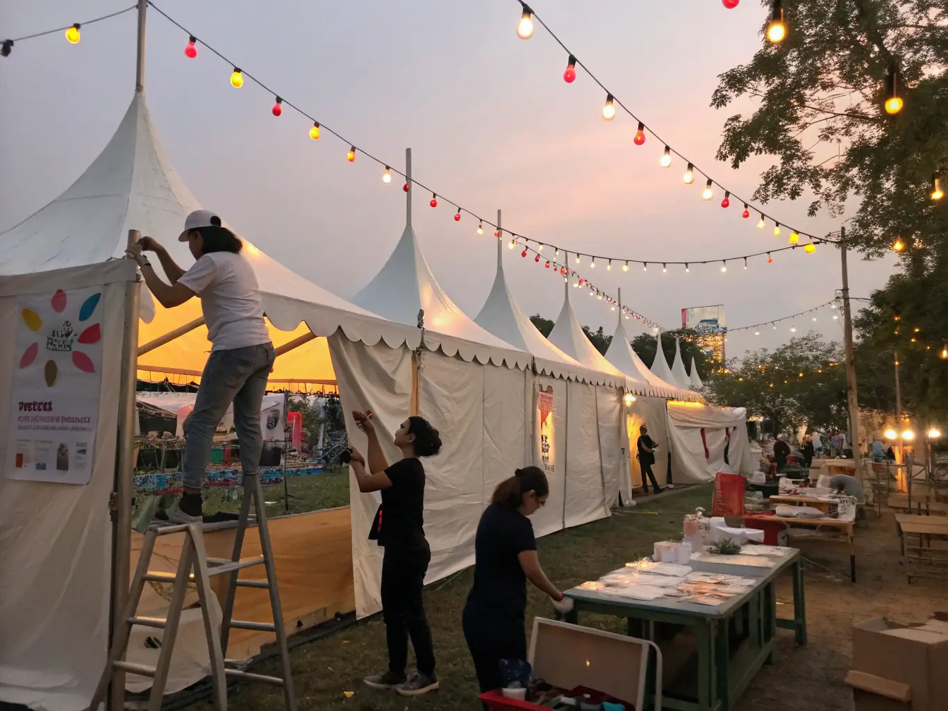 An image depicting volunteers actively involved in setting up for a HEP EH PEP concert, emphasizing the collaborative and community-driven nature of the organization.