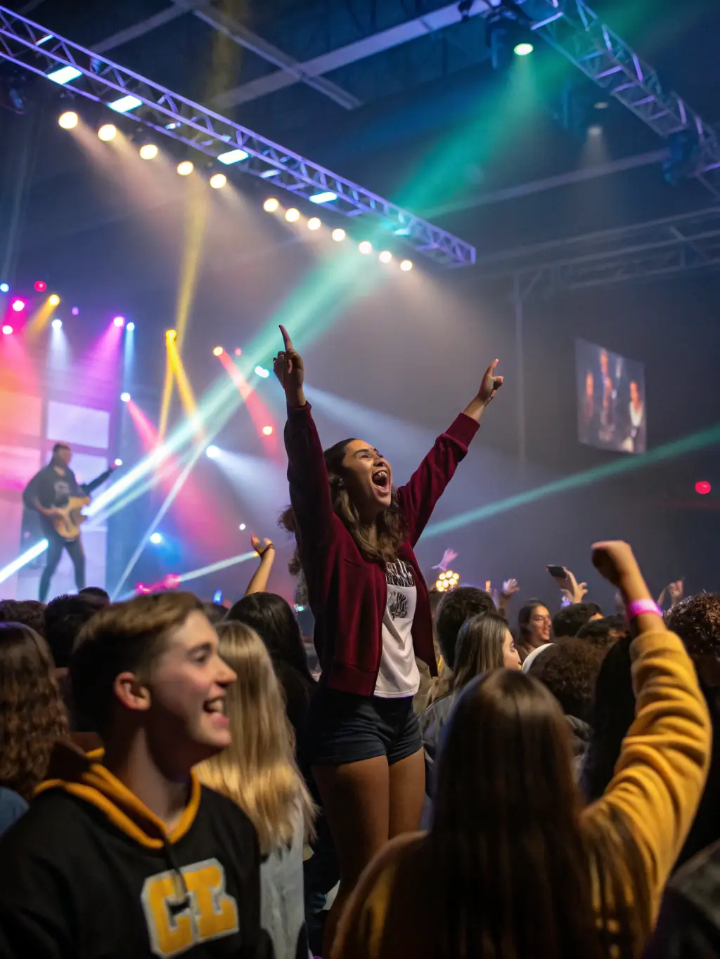 A photograph capturing a lively scene from a HEP EH PEP community concert, showcasing diverse attendees enjoying the music and atmosphere.