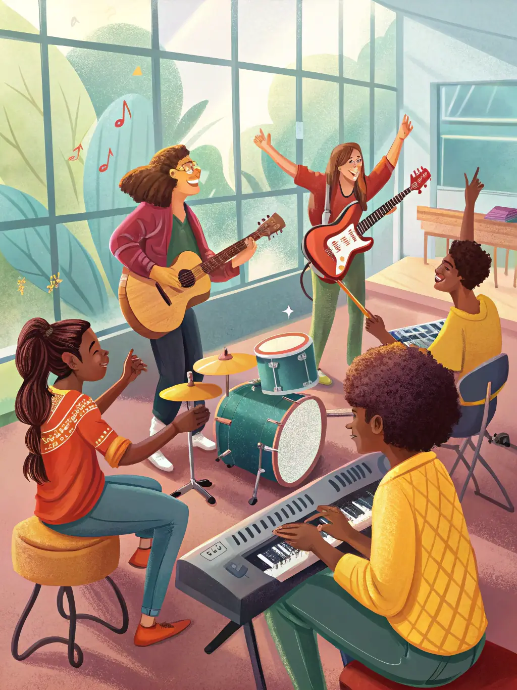 A vibrant image of a community music workshop, with children and adults playing instruments together, showcasing HEP EH PEP's commitment to music education.